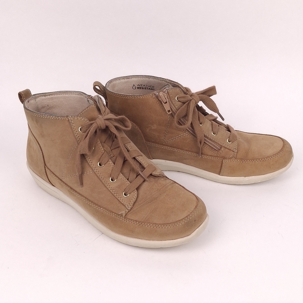 Vionic Shawna sneaker boots leather comfort arch support weather resistant tan